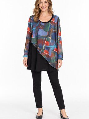 ZOE Abstract Geo Print Asymmetrical Layered Tunic Top Size L Made in Canada